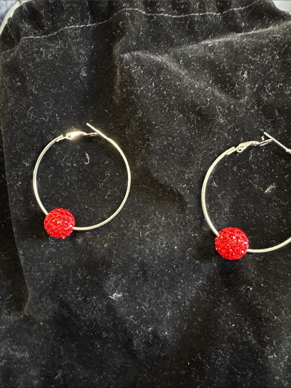 Silver Hoop Earrings with Red Crystal Ball Accent